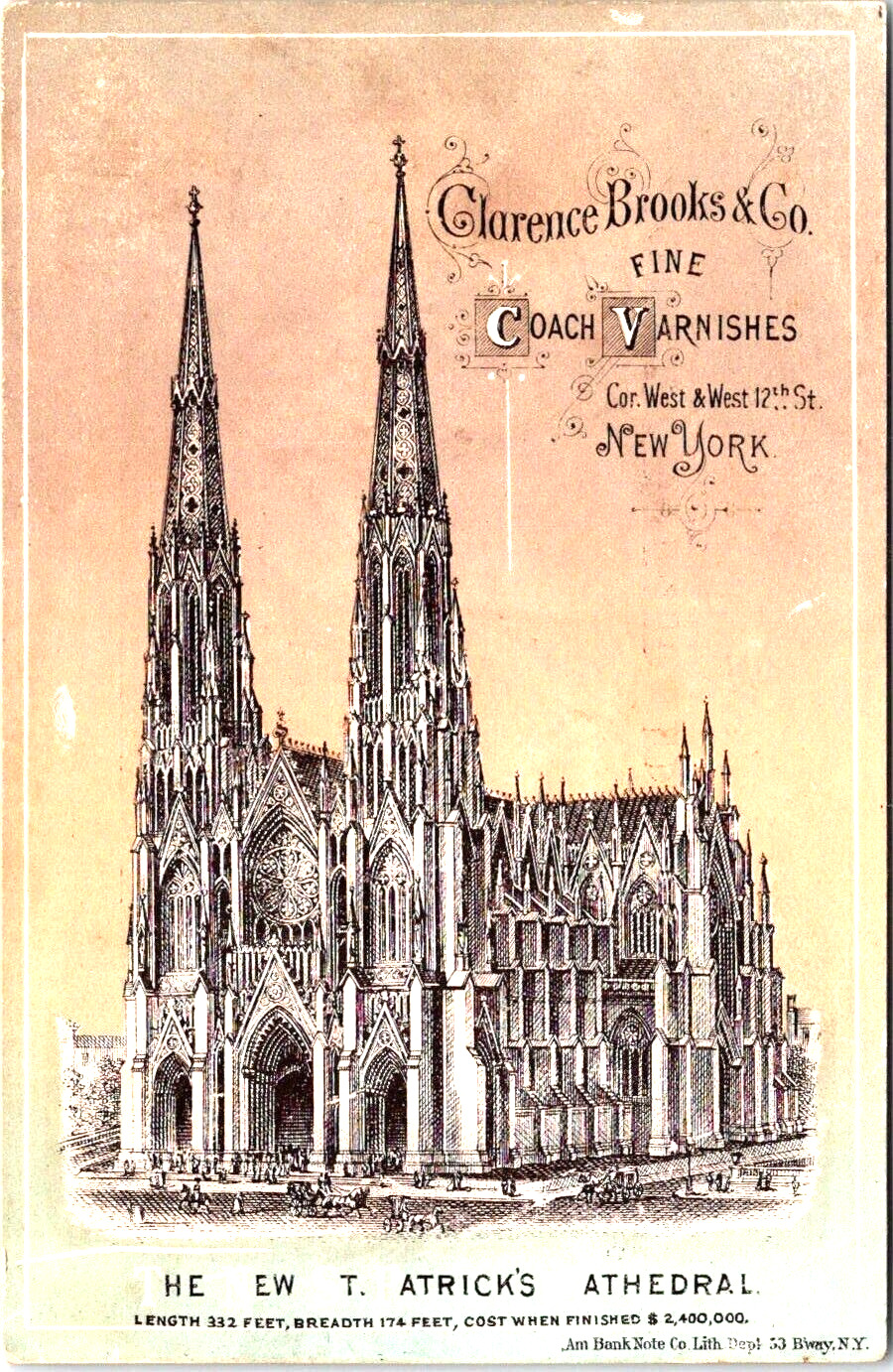CLARENCE BROOKS COACH VARNISHES New St Peter\'s Cathedral NY Victorian Trade Card