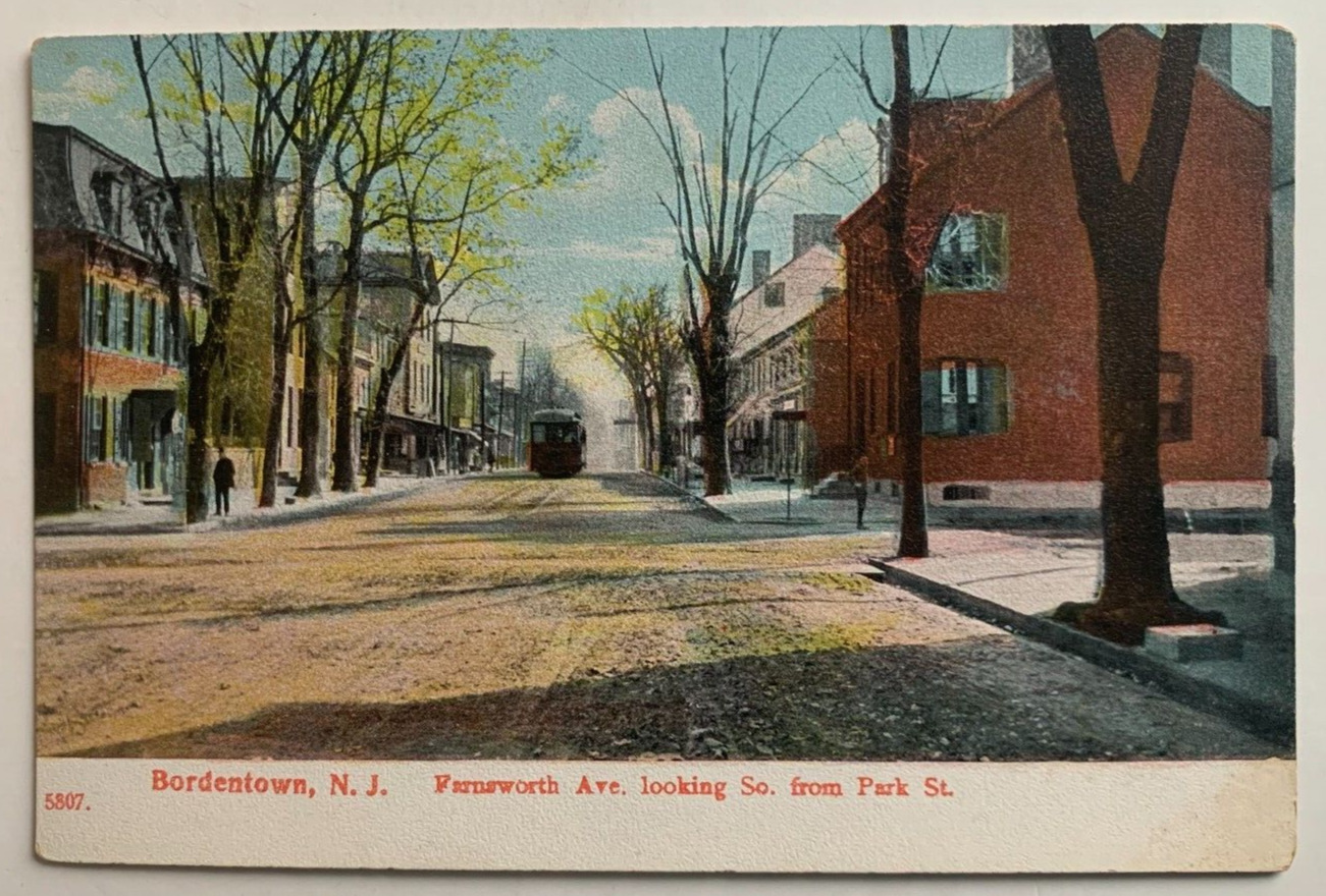 c1900s NJ Postcard Bordentown New Jersey Farnsworth Ave from Park St trolley PCK