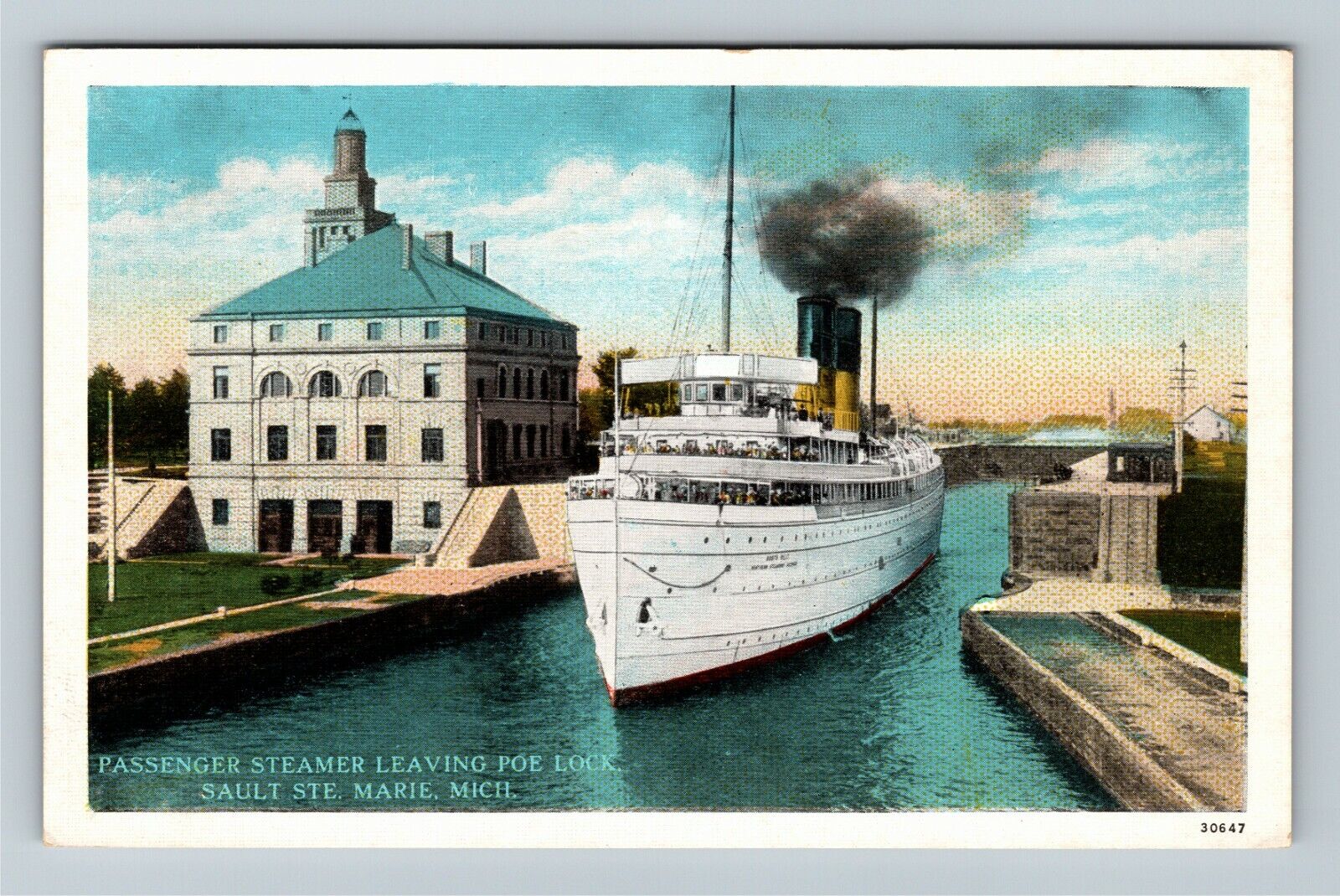 Sault Ste Marie MI-Michigan, Passenger Ship in Poe Lock, c1930 Vintage Postcard