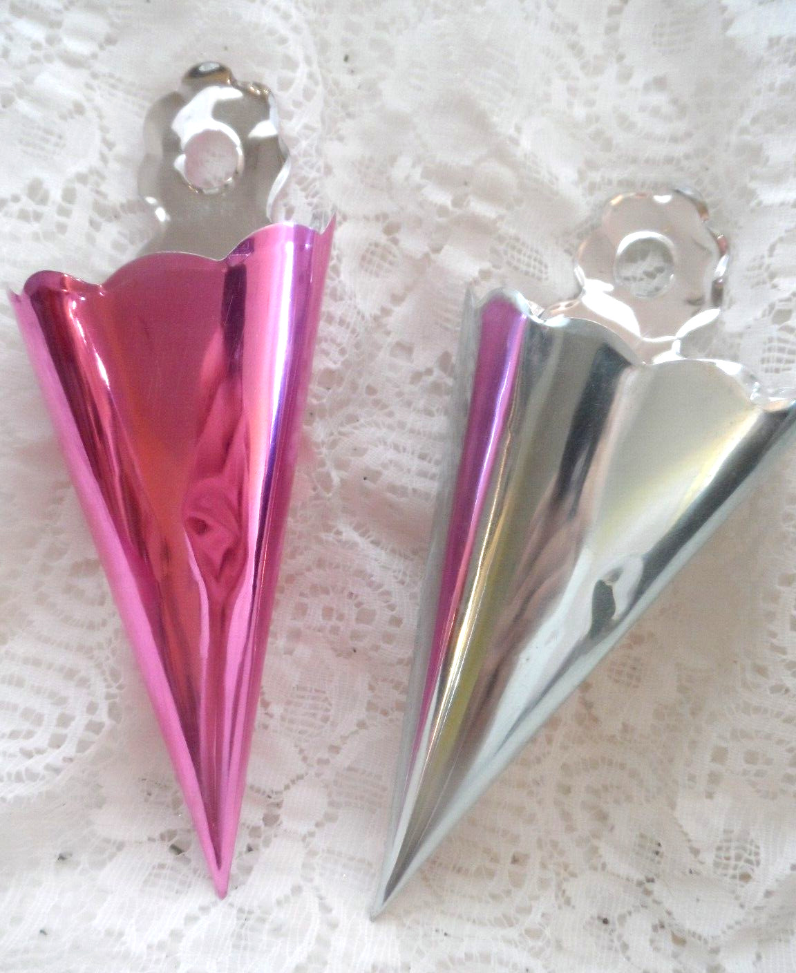 Vintage Christmas Ornaments - 2 FOIL CONE CANDY CONTAINERS- SILVER & PINK