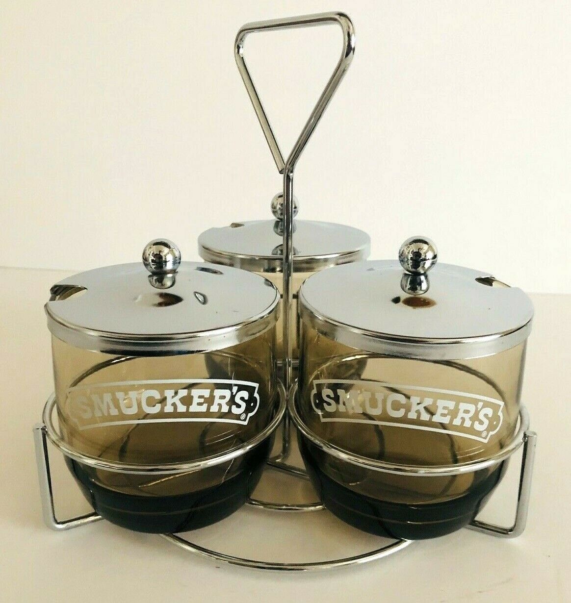 Vintage Smucker\'s 3 Smoked Glass Condiment Jars W/Chrome Tops & Caddy