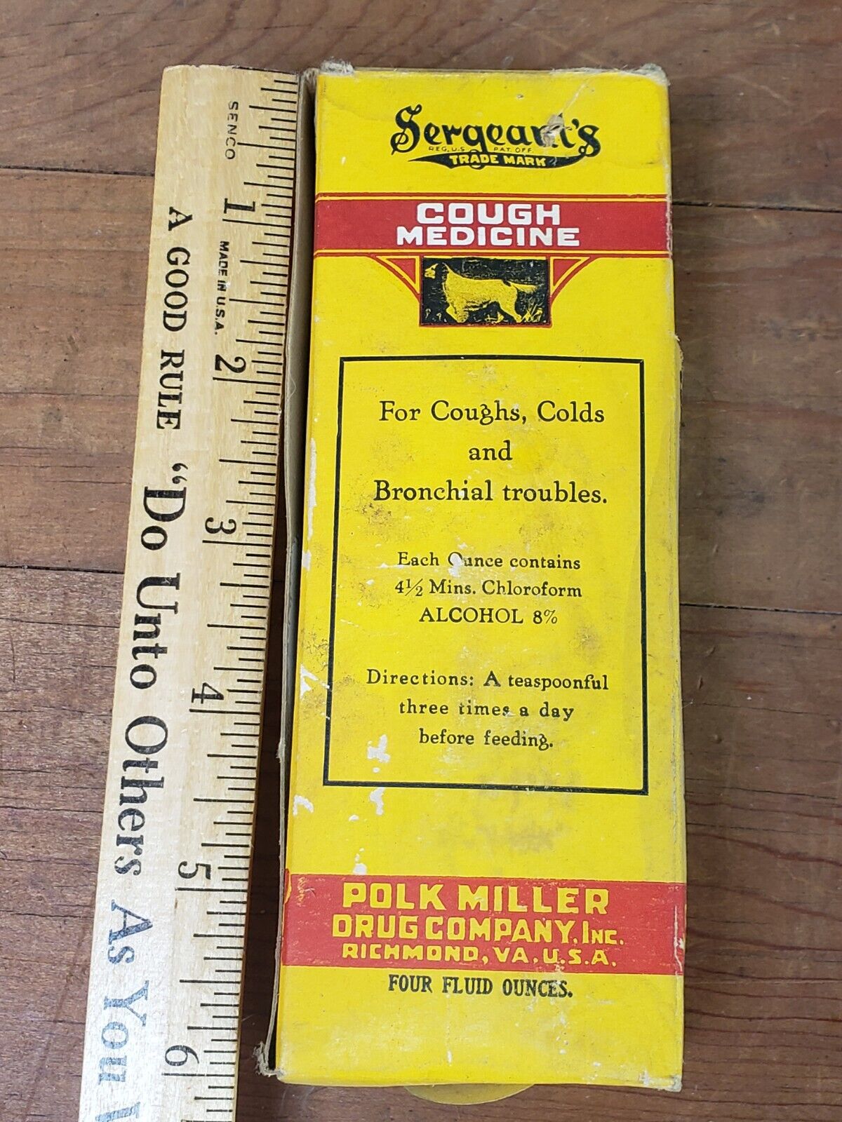Vintage Sergeant’s Dog Cough Medicine Bottle Box Polk Miller Drug Co (empty box)
