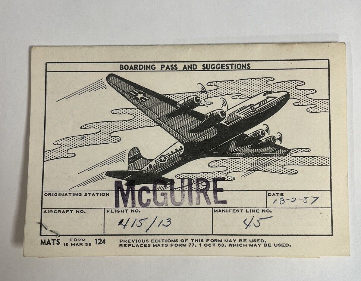 1957 US AIR FORCE Military Boarding Pass AIRPLANE MATS McGuire 06-13-1957