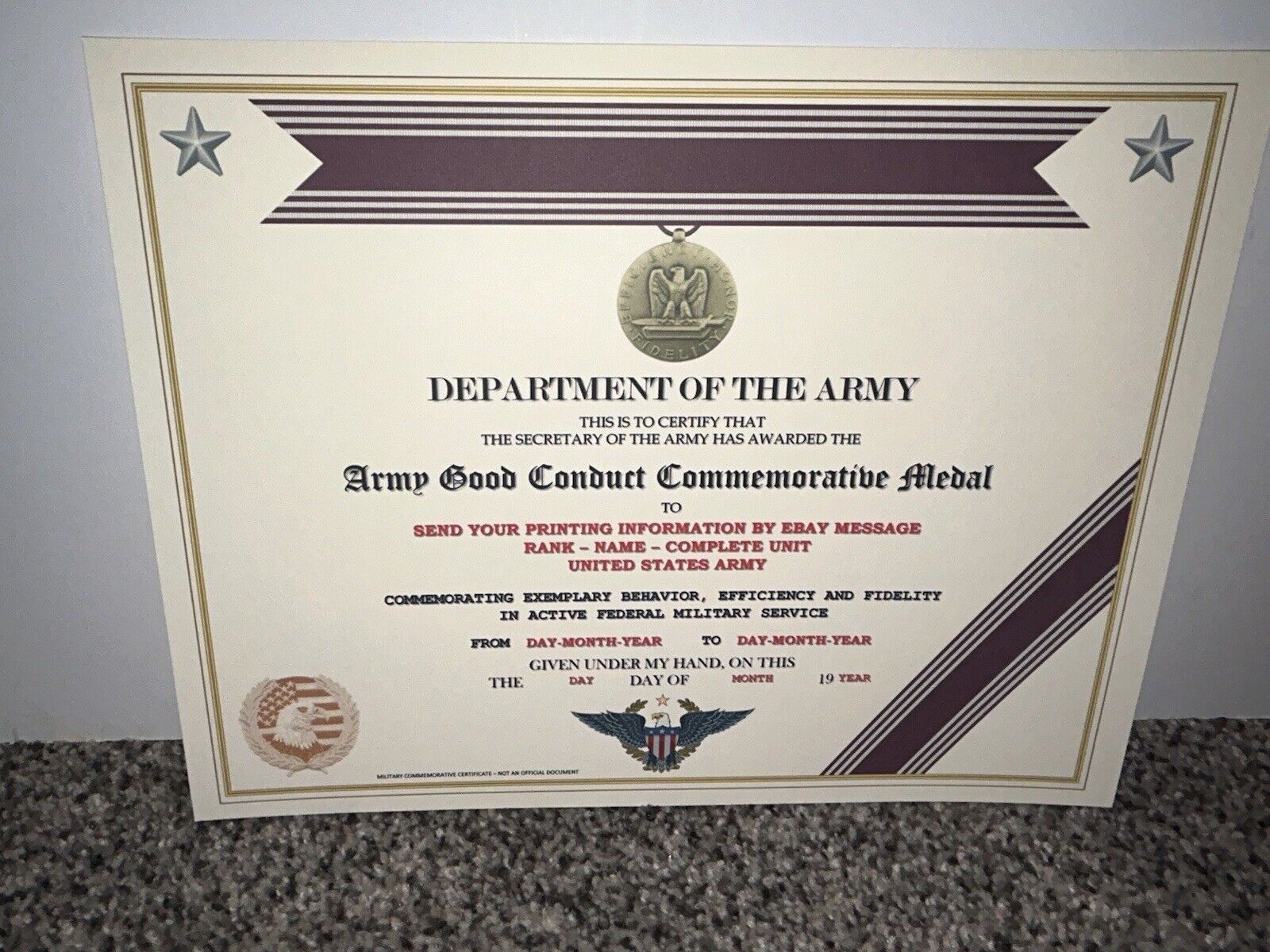 U.S. ARMY GOOD CONDUCT COMMEMORATIVE MEDAL CERTIFICATE~W/PRINTING T-1