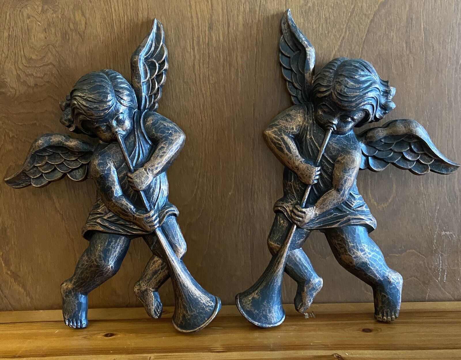 Homeco Pair Of Wall Art Cherub Angels Playing Horn Coppercraft Guild Vintage USA