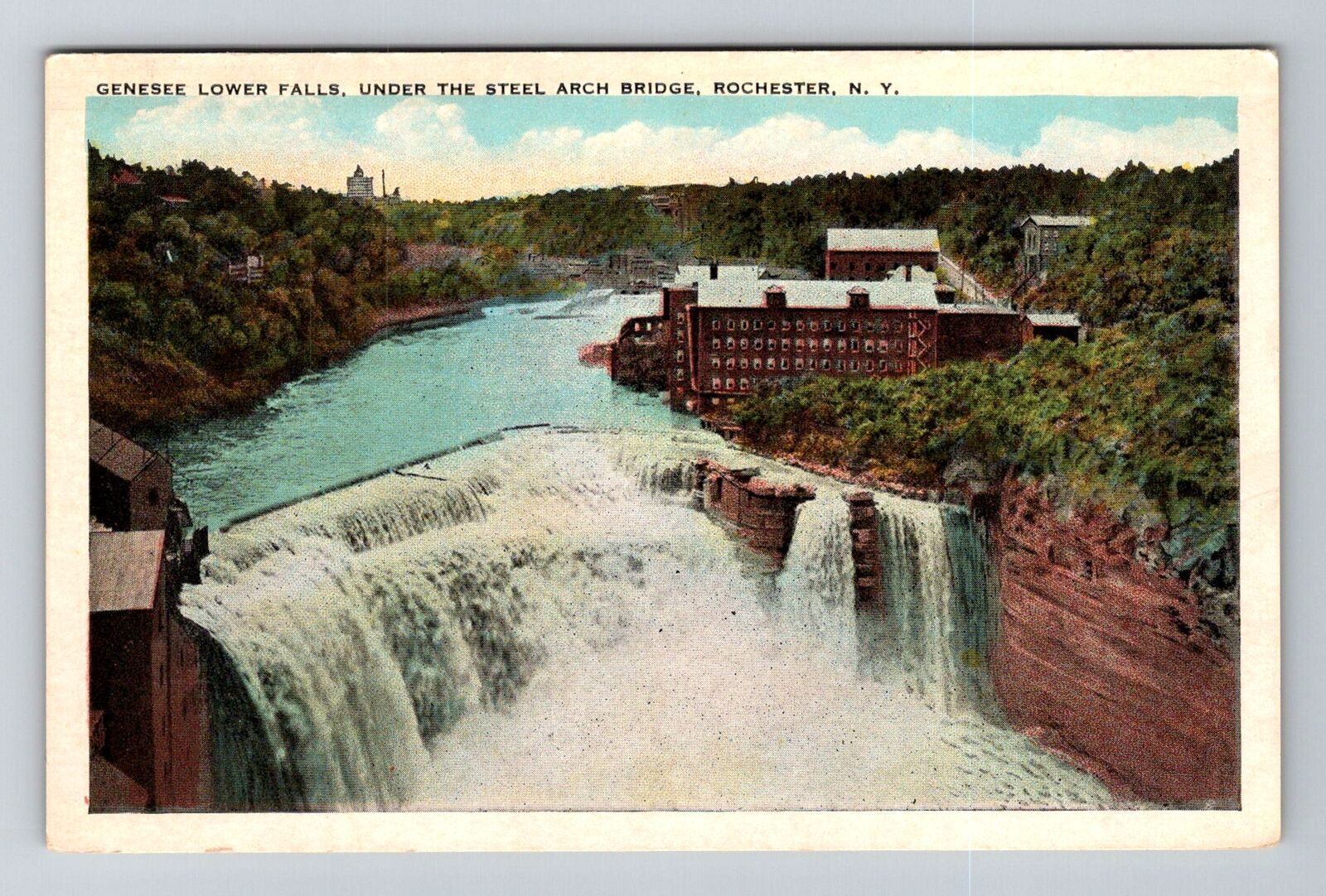 Rochester NY-New York, Genesee Lower Falls, Steel Arch Bridge Vintage Postcard