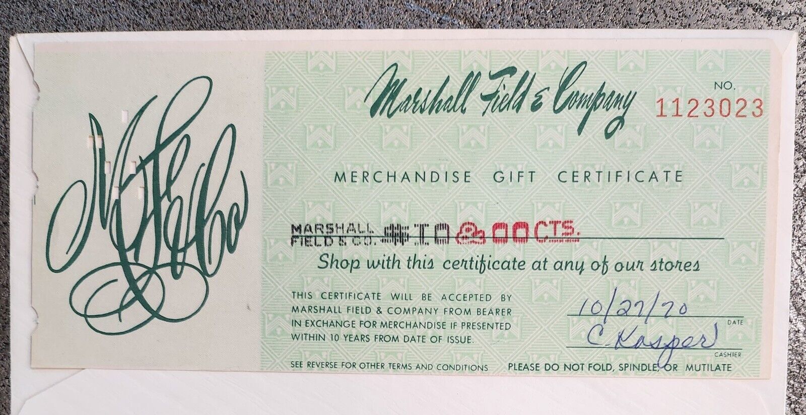 RARE Marshall Field 1970 Gift Certificate Unredeemed - IBM Punch Card & Gift Box