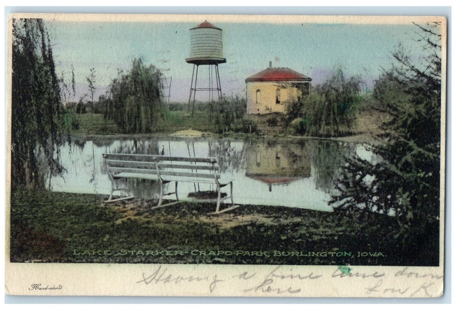 1907 Lake Starker Crapo Park Bench Water Tank Burlington Iowa IA Posted Postcard