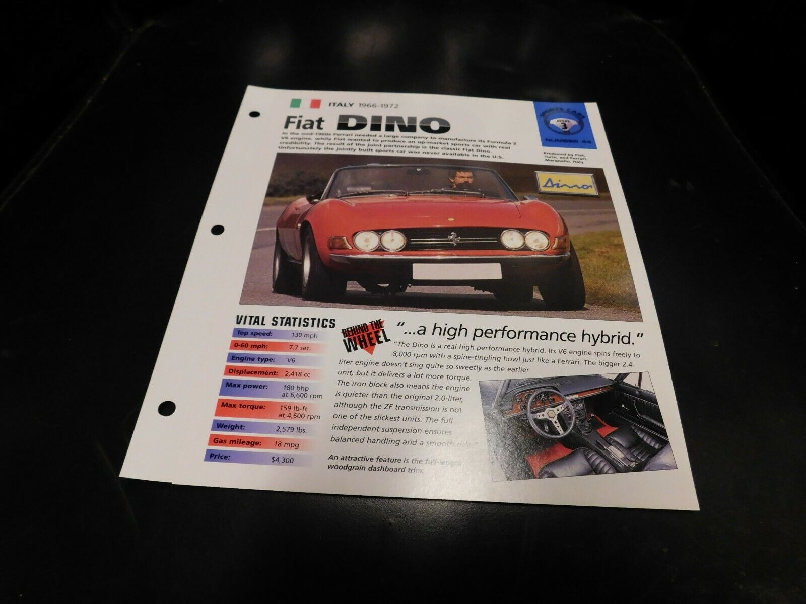 1966-1972 Fiat Dino Spec Sheet Brochure Photo Poster 67 68 69 70 71
