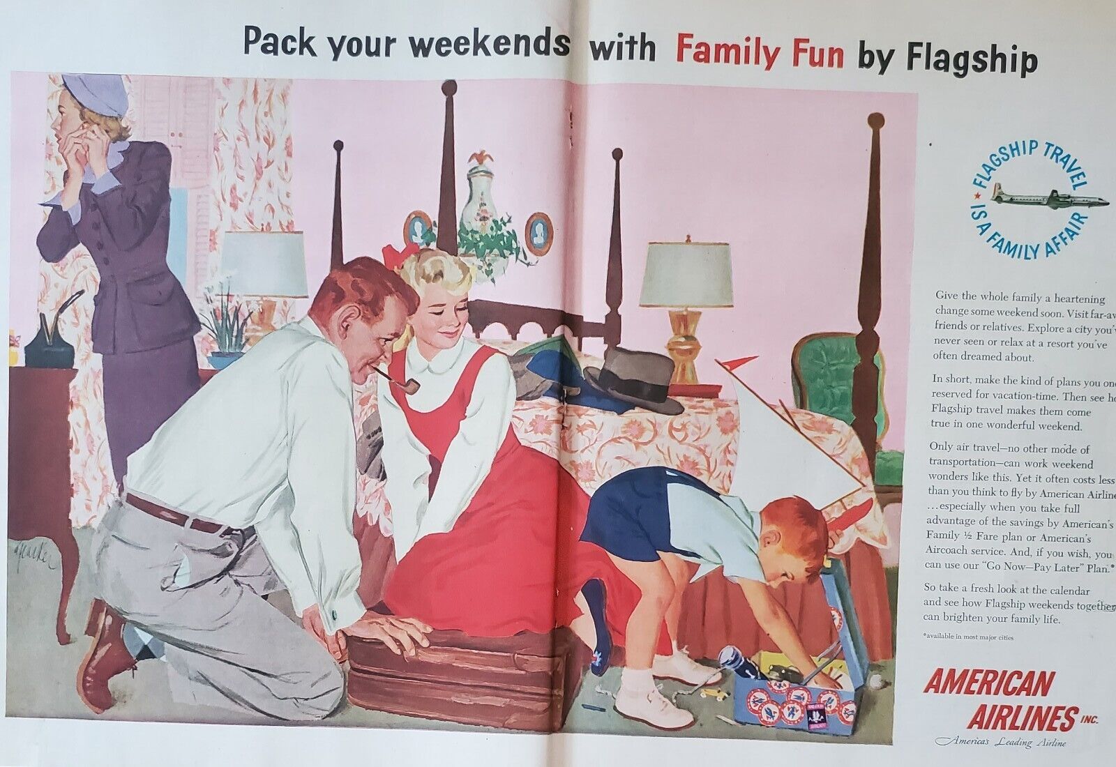 1955 Pan American Airlines Flagship Family Weekend Travel 2-Page Print Ad