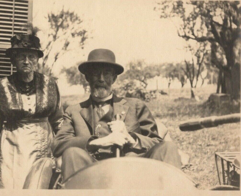 c.1910s -1930s Old Man in Sidecar Motorcycle Cane Woman Hat Photo Photograph