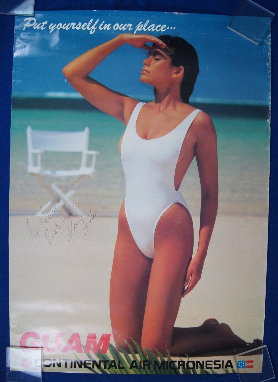 Vintage Guam Continental Airlines Travel Poster Signed Kim Santos Miss Guam/Worl