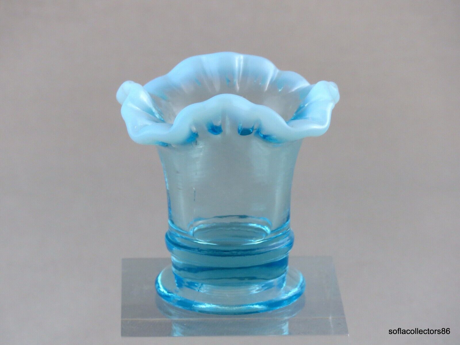 Fenton Glass 37 Blue Opalescent Square Crimp Miniature Vase ca. 1940s