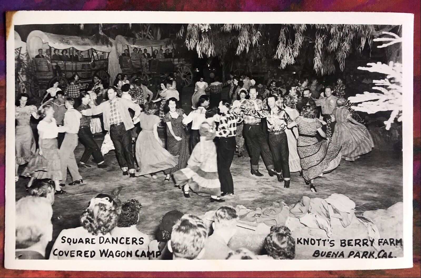 KNOTT’S BERRY FARM,Buena Park~SQUARE DANCERS AT WAGON CAMP~REAL PHOTO postcard
