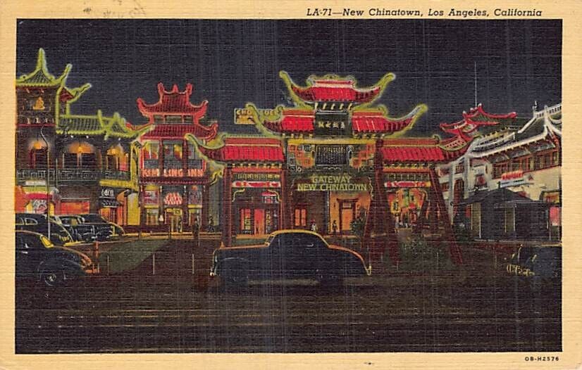 Postcard CA: New Chinatown at Night, Los Angeles, California, Vintage Linen 1945