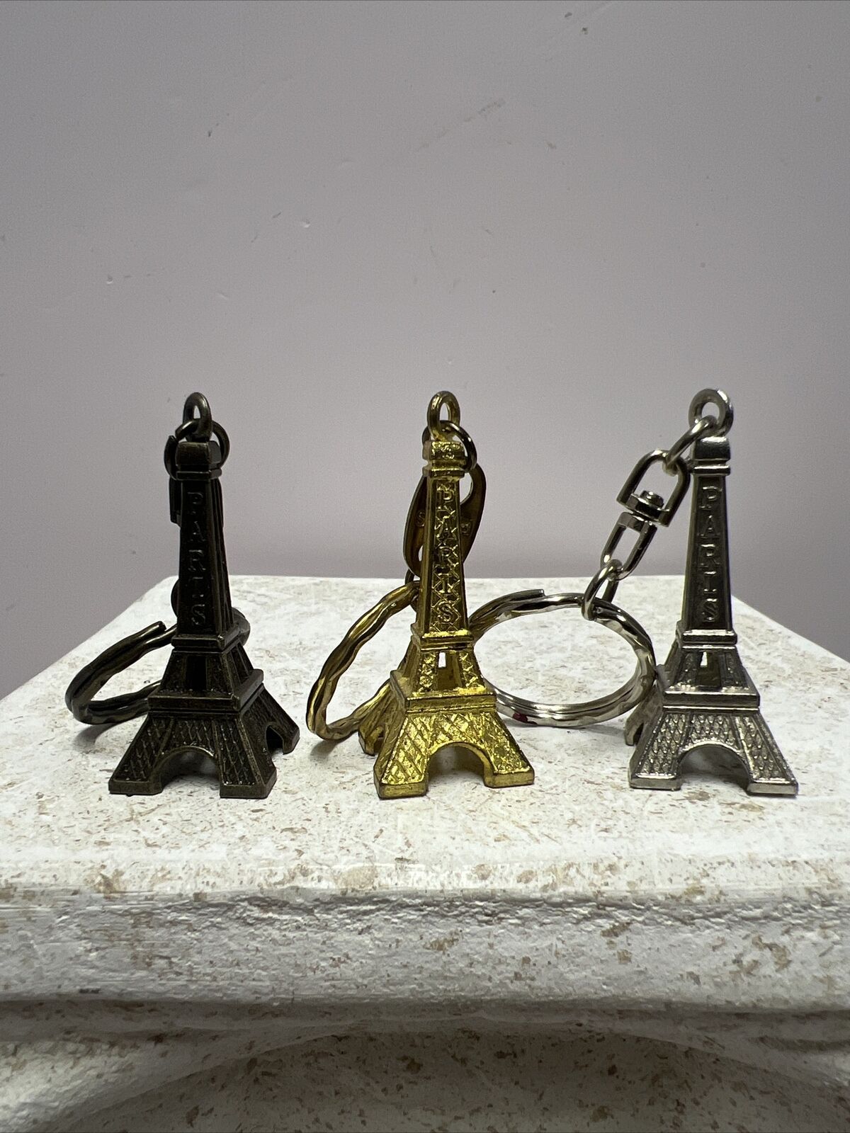 Eiffel Tower Metal Keychains- Gold,Silver & Bronze Tone Lot Of 3