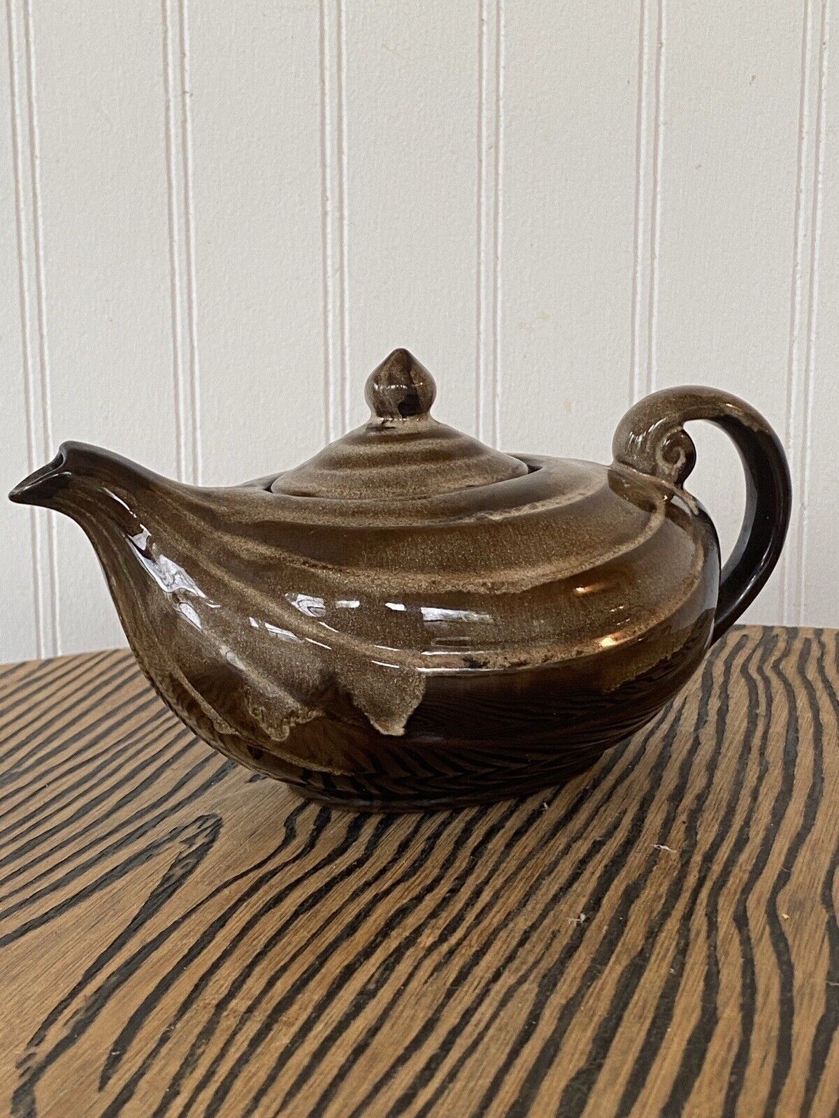 Vintage Occupied Japan Aladdin Lamp Style Teapot Brown Drip Glaze Pottery