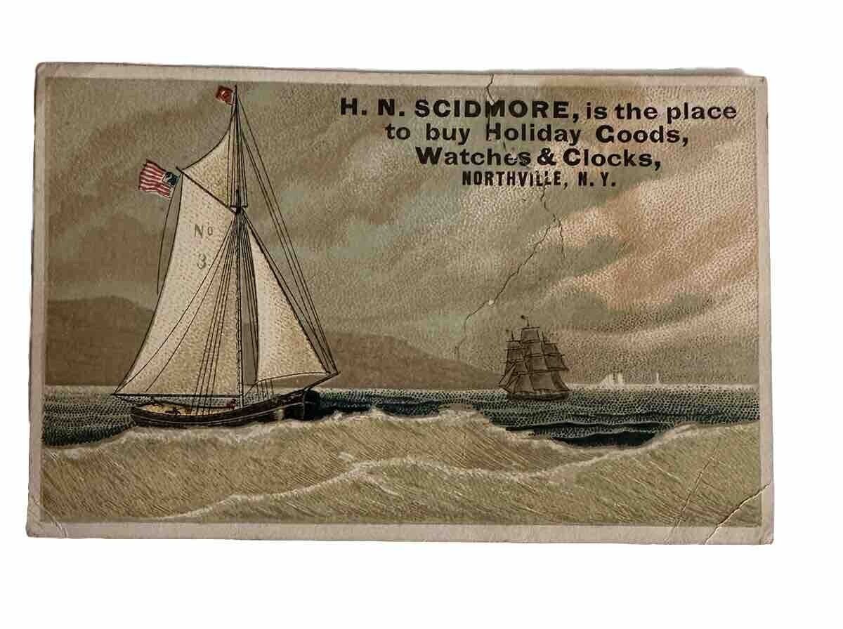 Victorian Jewelers trade card HN Scidmore Northville NY REPAIRED B74