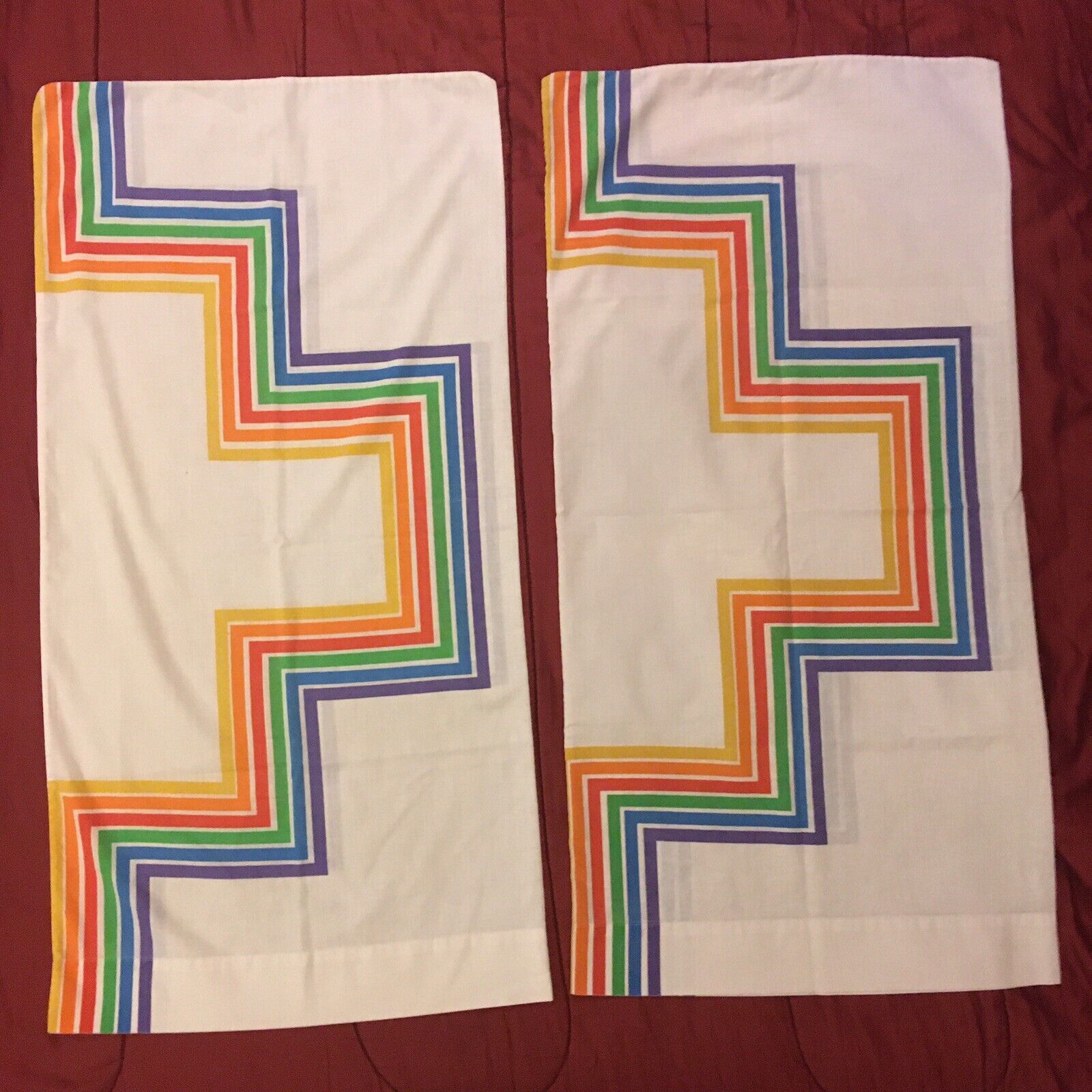 VTG 70s 80s Rainbow Lady Pepperell Pair KING Pillowcases Geometric Stripe