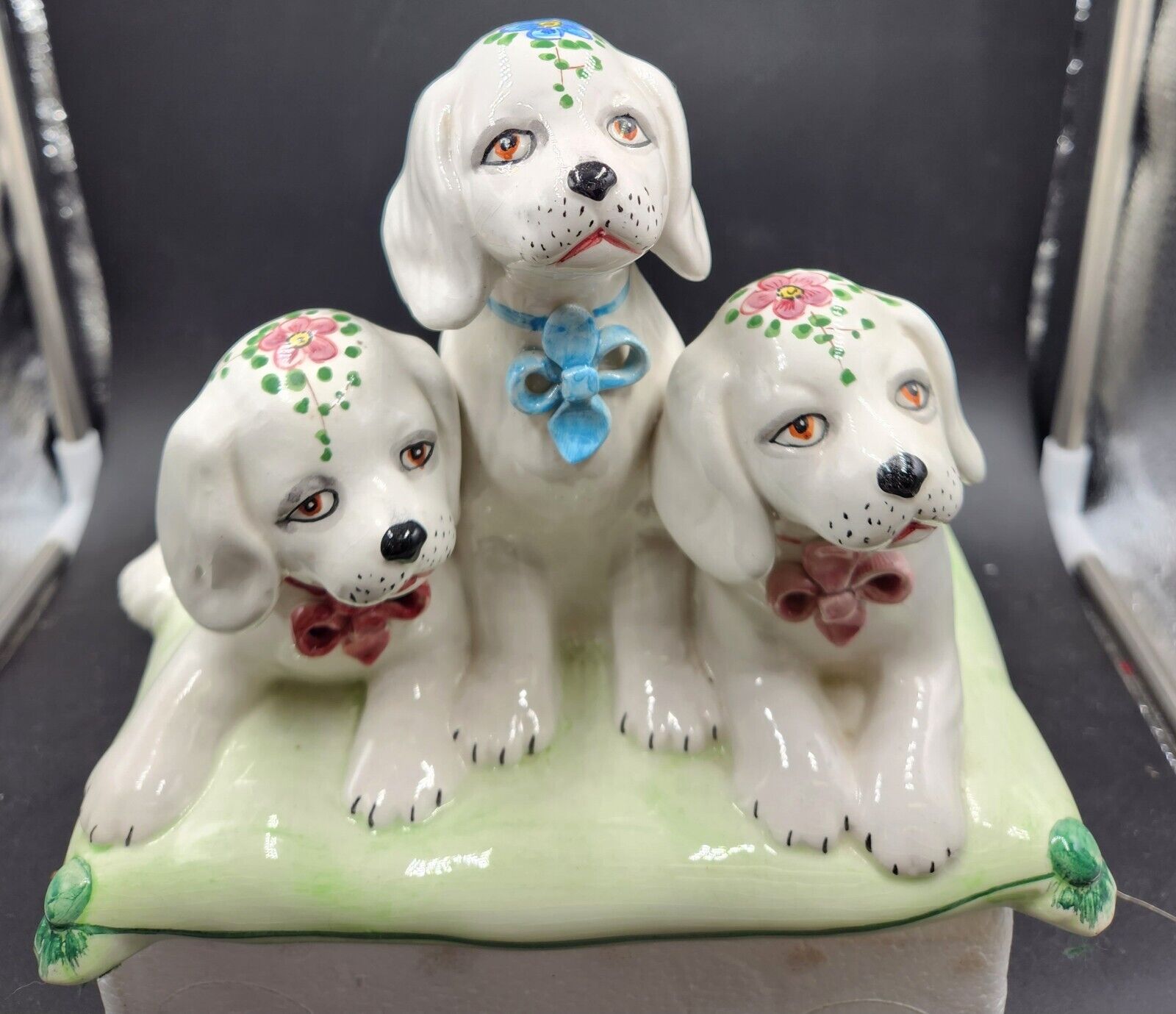 Vintage Italian Pottery White Puppies on a Green Pillow Figurine, Italy Dogs