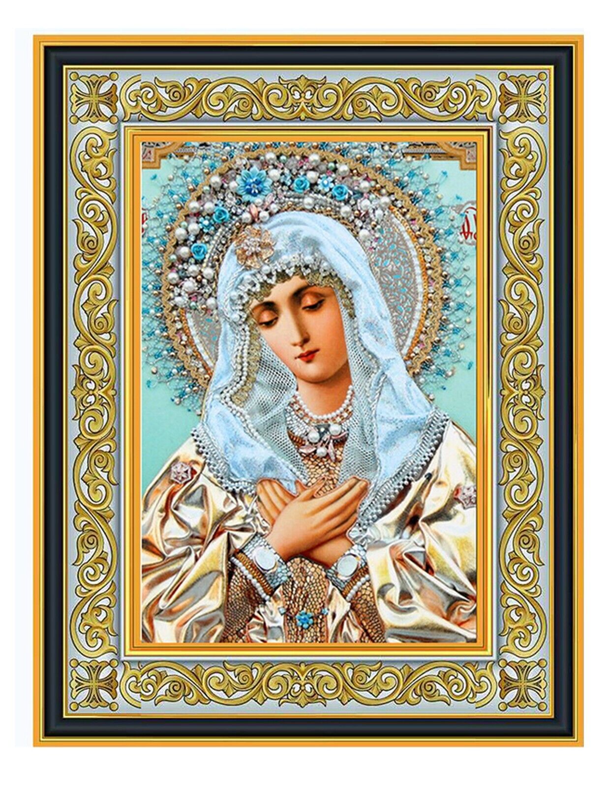 Madonna Extreme Humility OF Virgin Mary Icon in Wooden Ornate Frame 8 1/16\