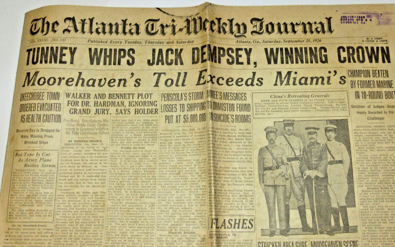 VTG ORIGINAL 1926 JACK DEMPSEY vs GENE TUNNEY BOXING MATCH NEWSPAPER HEADLINE