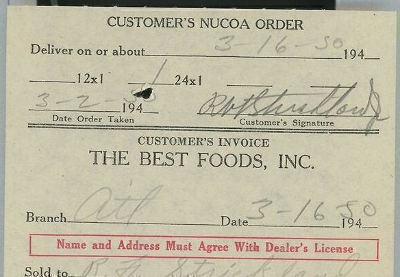 1950 The Best Foods, Inc. Atlanta Branch Nucoa Invoice 347