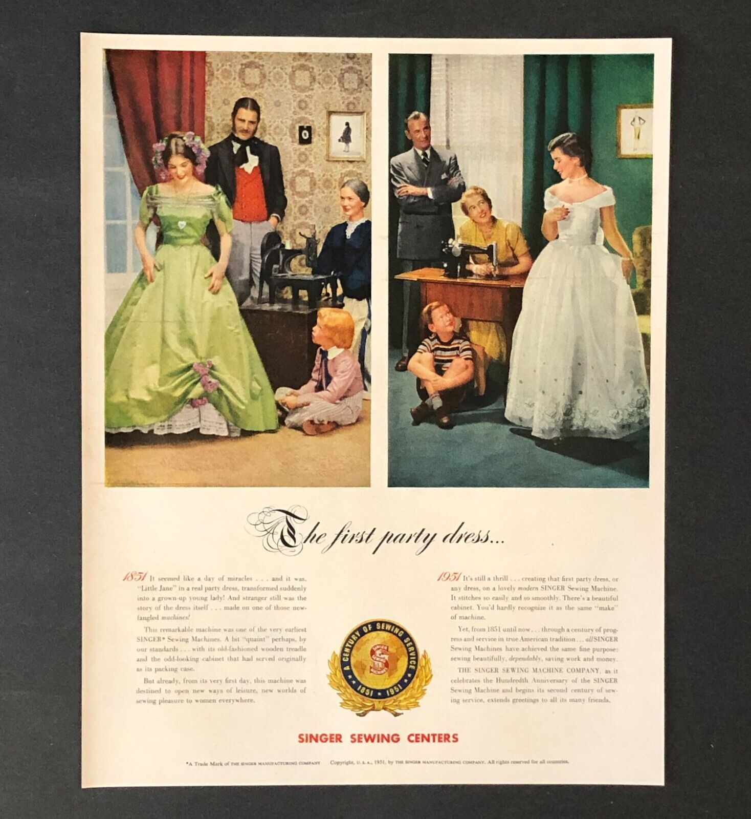 1951 Singer Sewing Machine Advertisement First Party Dress Vtg Print AD