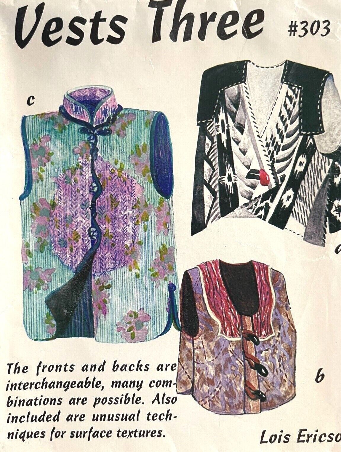 1990\'s VTG  Vests Three Lois Ericson Pattern 303 Size XS-XL UNCUT