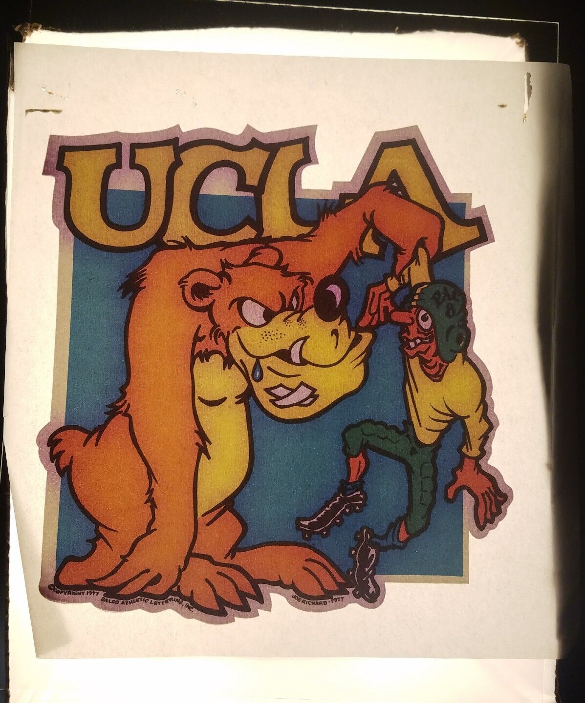 Vintage Iron On Heat T-Shirt Transfer: UCLA Bruins Cartoon Football Bear 