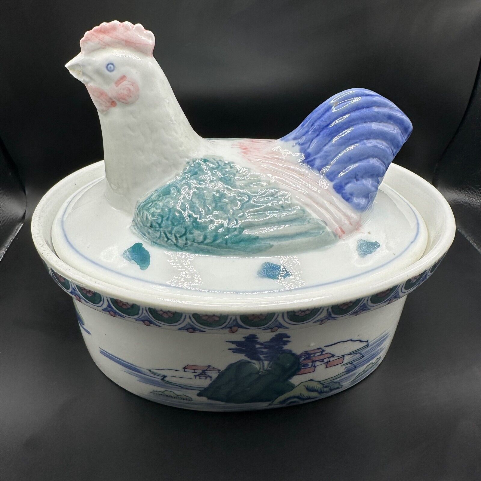 Vintage Antique Japanese Ceramic Chicken Hen Candy Trinket Dish - Multicolor