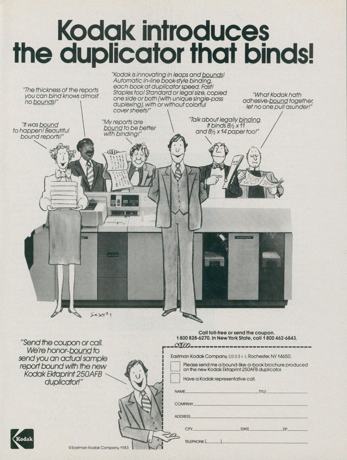 1983 Kodak Ektaprint 250AFB Duplicator That Binds Cartoon Vtg Print Ad SI16