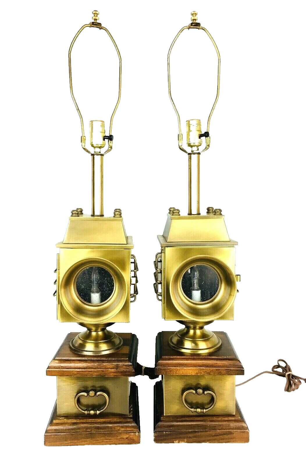Vintage MCM Carriage Stagecoach Wood Brass Light Table Lamps No Shades