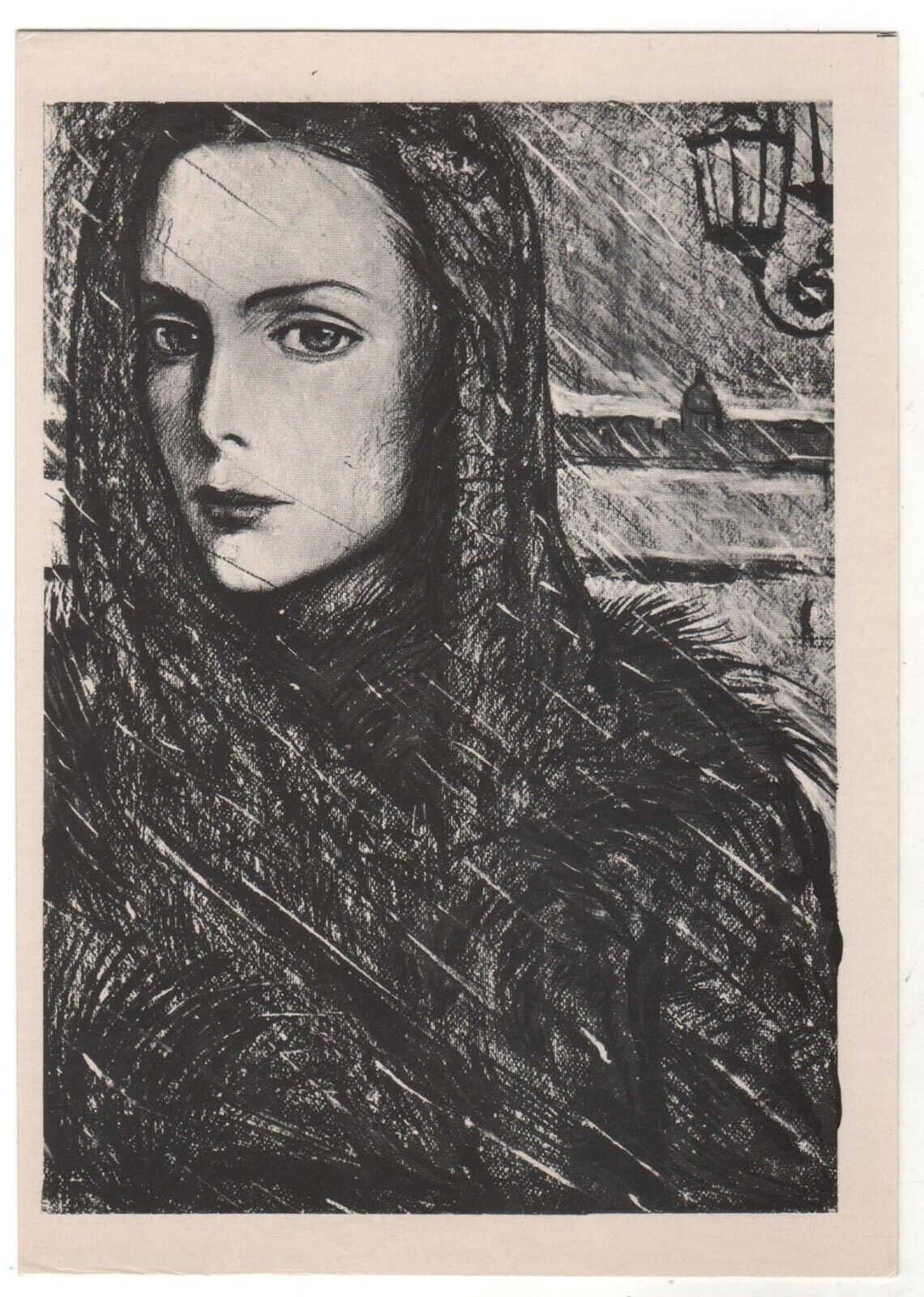 1982 Beautiful LADY looks sad Winter. ART by Glazunov Old RUSSIAN postcard