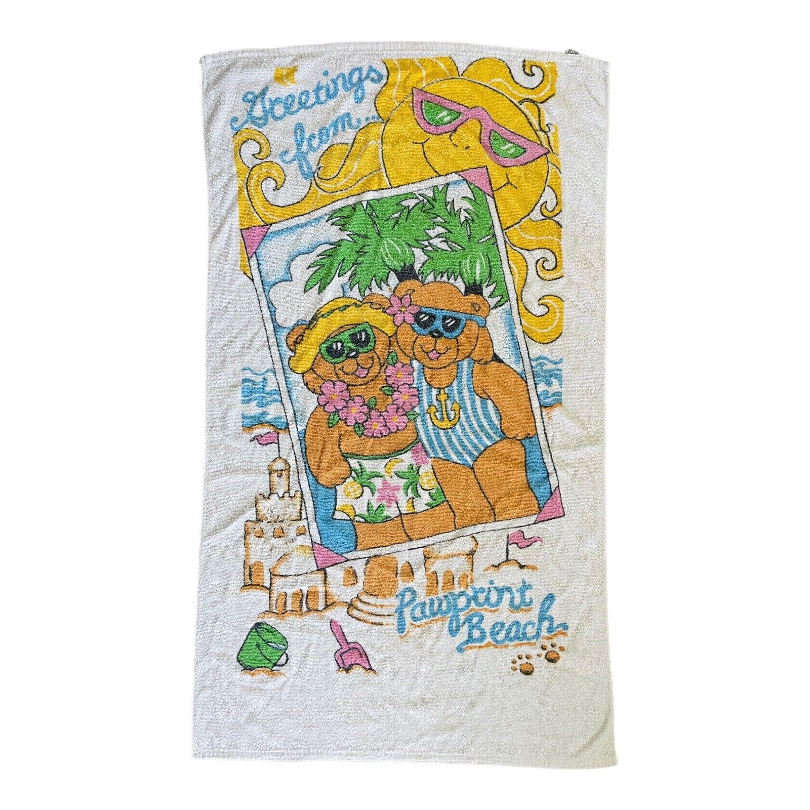 Vintage 80s 90s IPanama Beach Towel Bear Couple Sun Greetings Pawprint