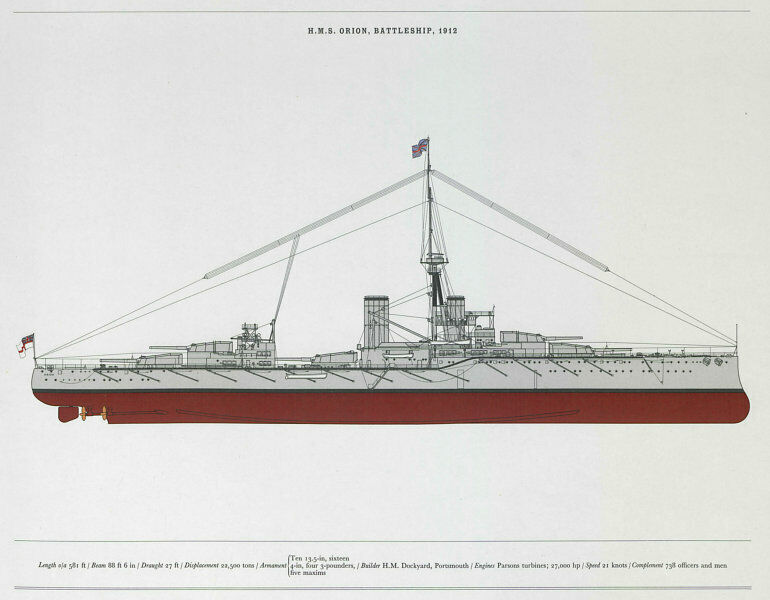 H.M.S. Orion, Battleship, 1912. Royal Navy warship. MARTIN HOLBROOK 1971 print