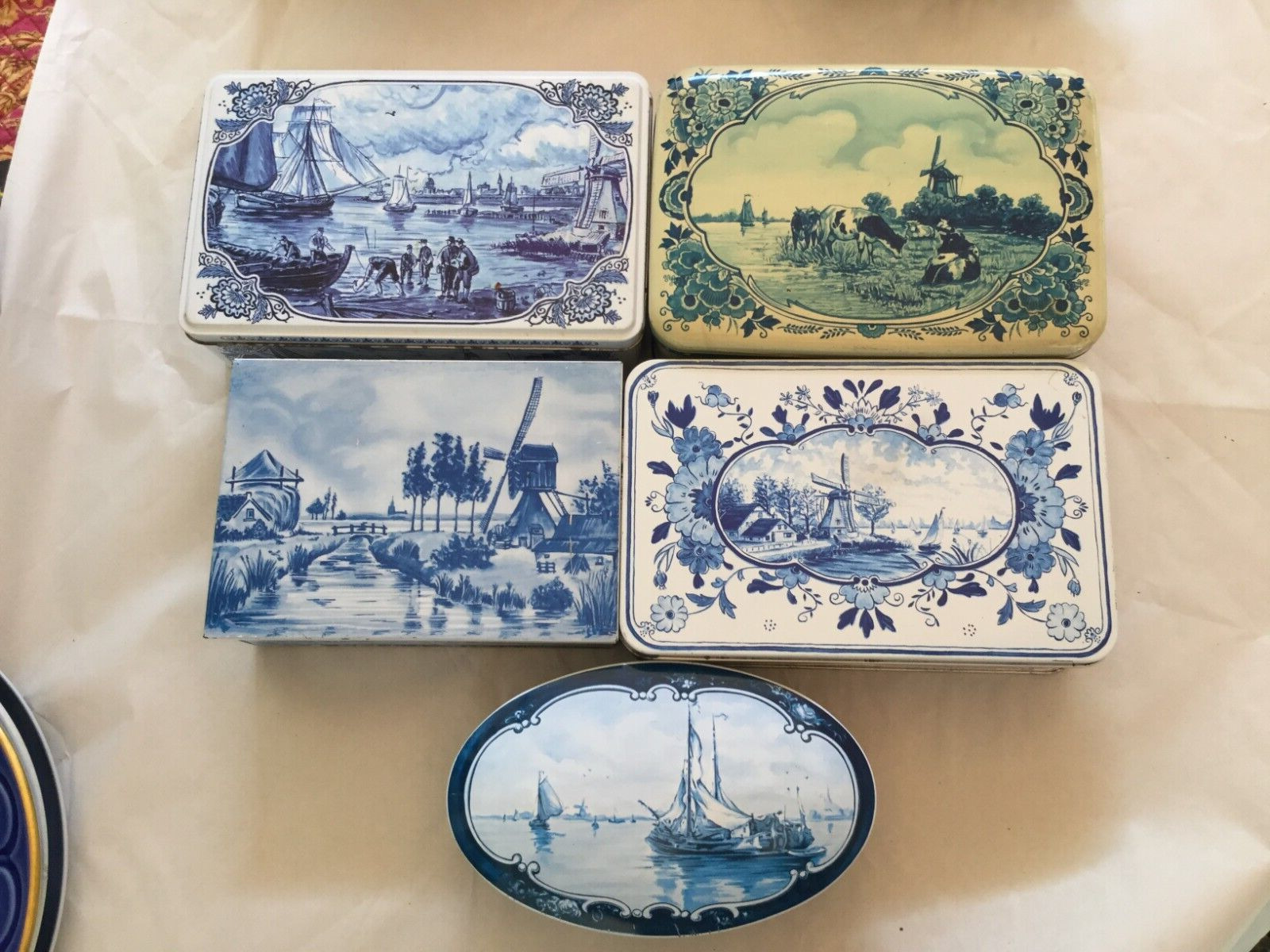 VINTAGE LOT OF 5 DELFT STORAGE TINS EACH ONE HAS SCENES FROM HOLLAND