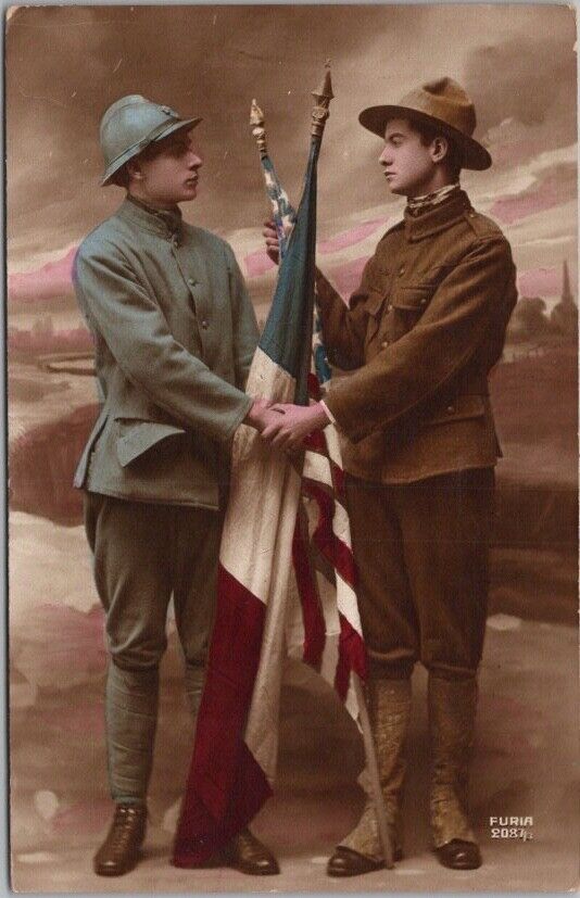 1910s WWI Military RPPC Tinted Photo Postcard French & US Soldiers Flags UNUSED