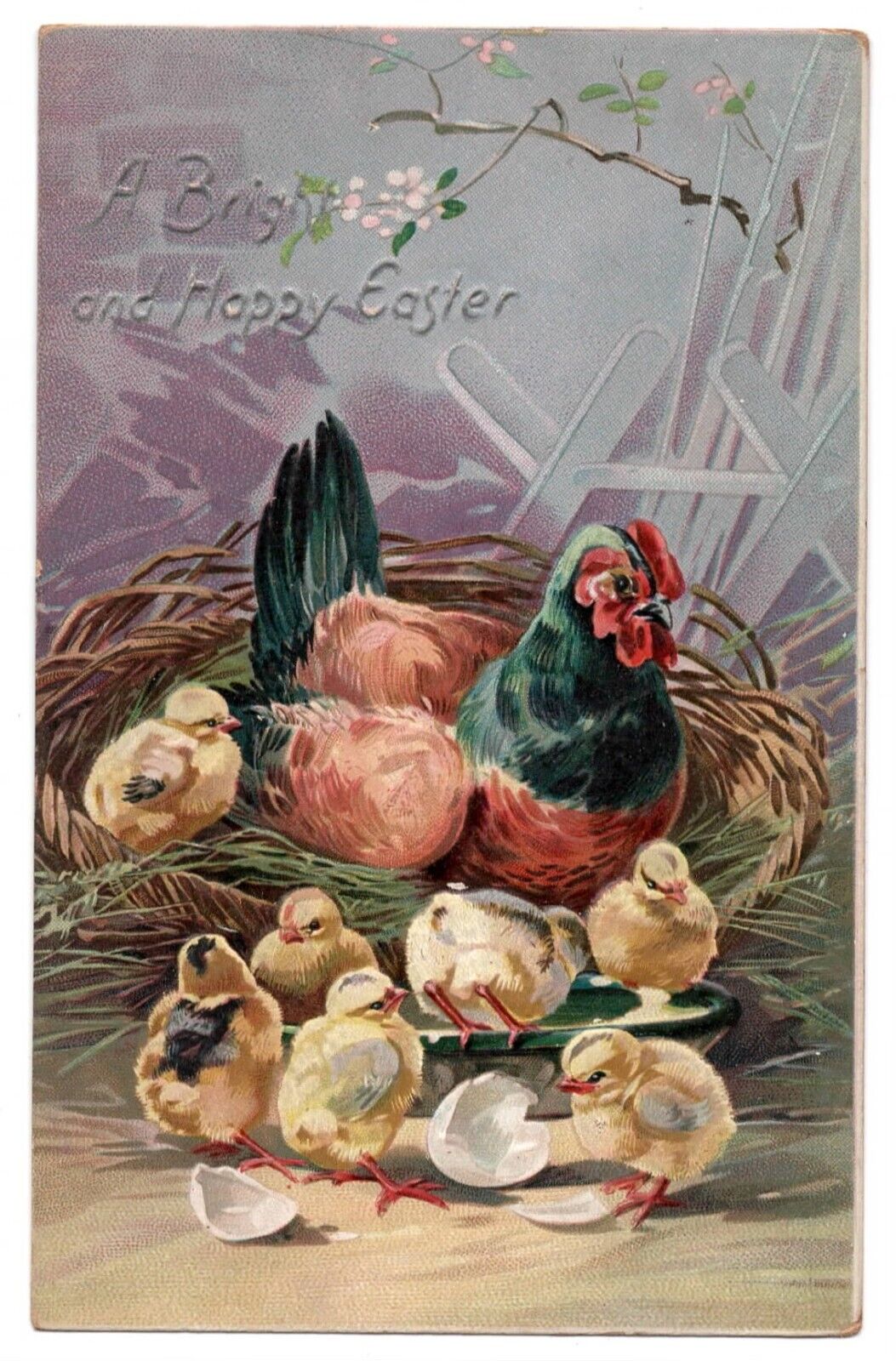 Postcard Easter Tuck Embossed 1900s Chicks Hen Chicken Basket VTG