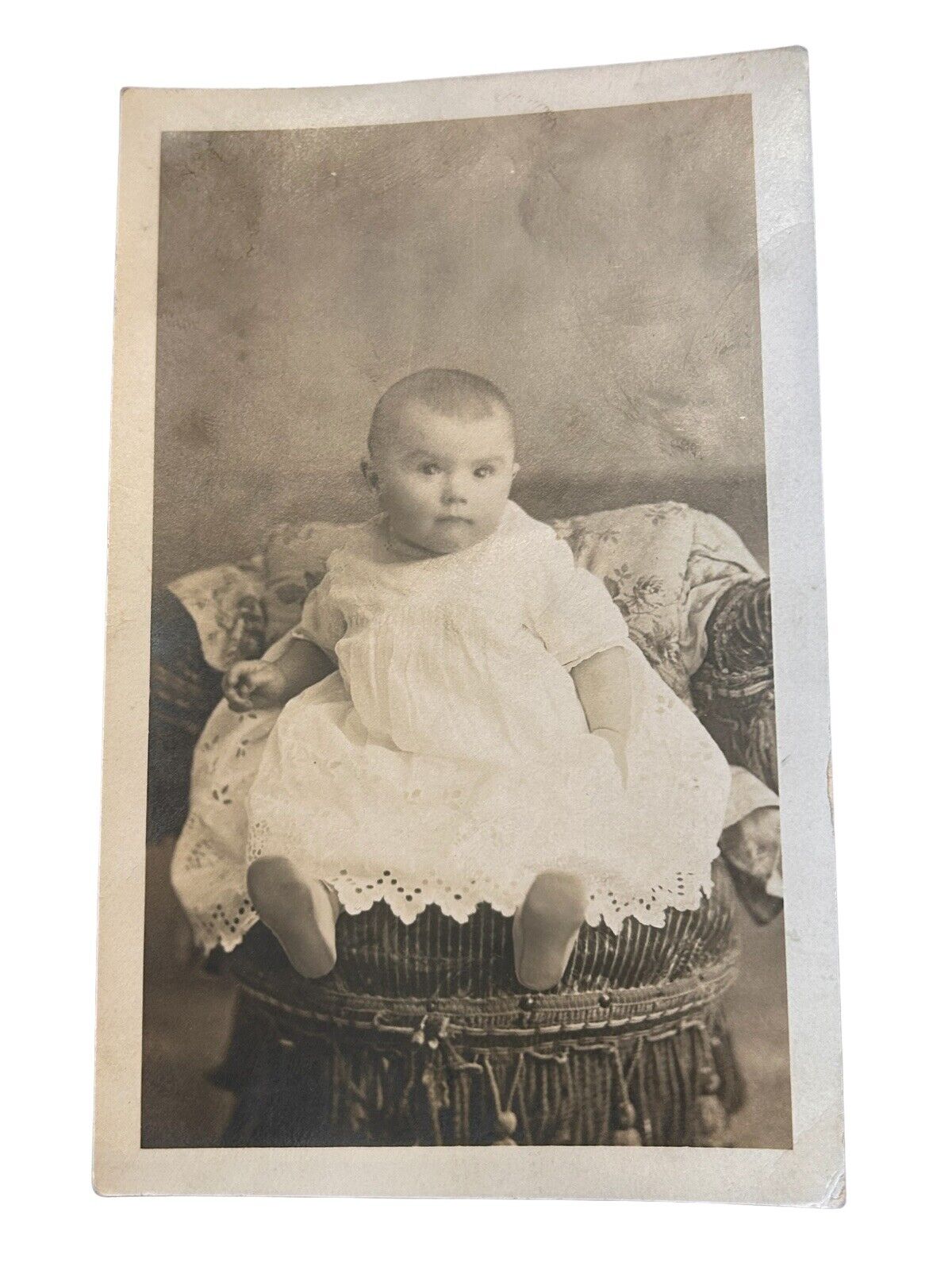 Real picture postcard vintage antique baby girl white dress chair blanket