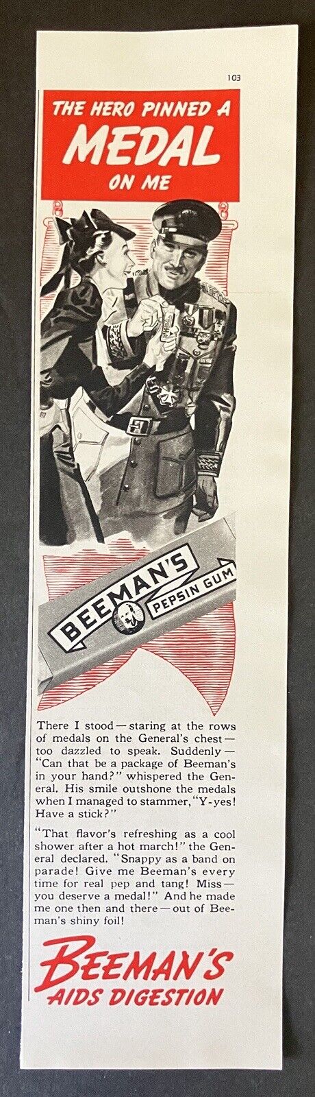 1939 Beeman\'s Pepsin Gum Hero Pinned A Medal On Me General WWII Vintage Print Ad