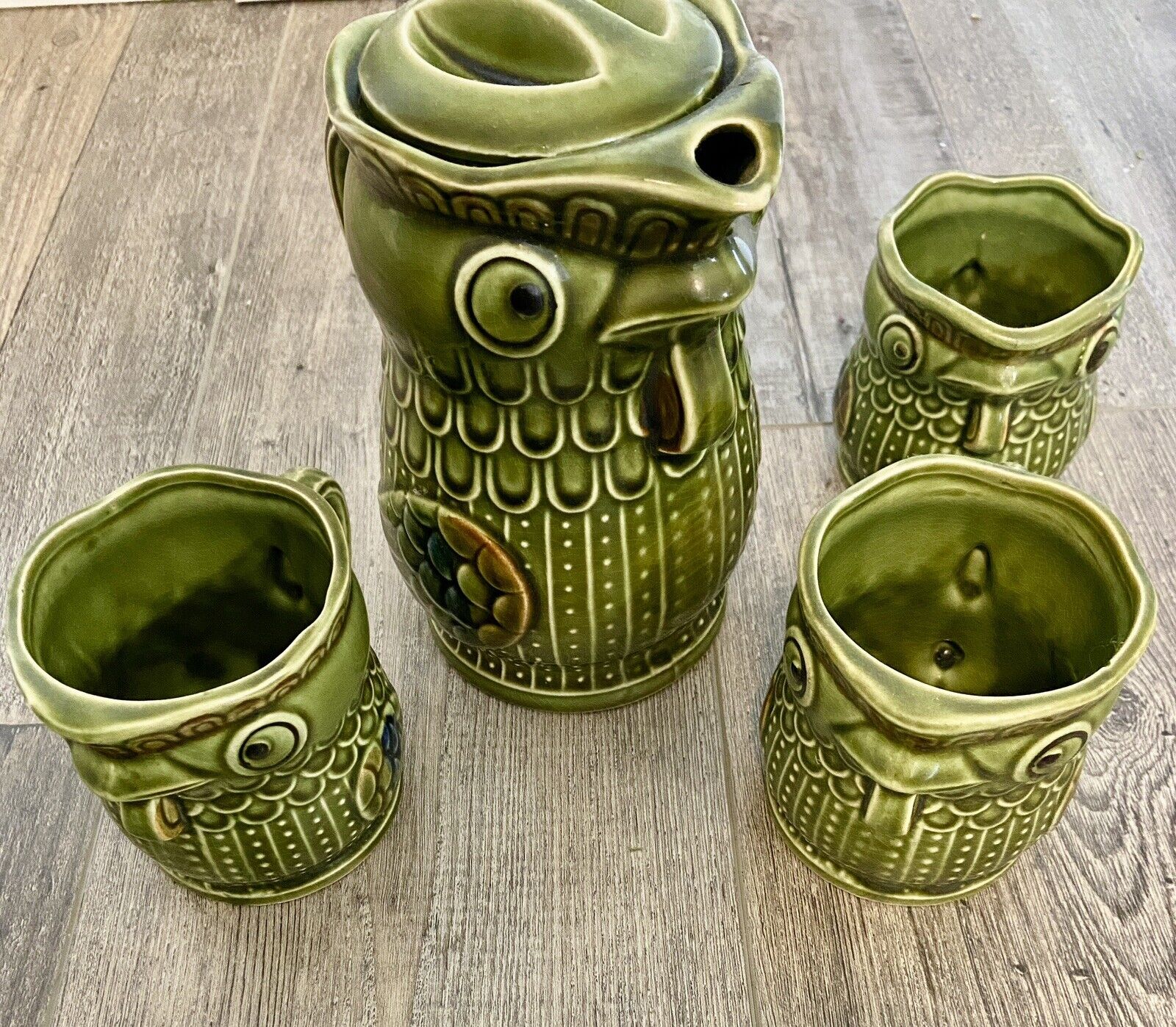Vintage Trimont Ware Green Chicken Rooster Teapot, 3 Teacups/mugs Jpn