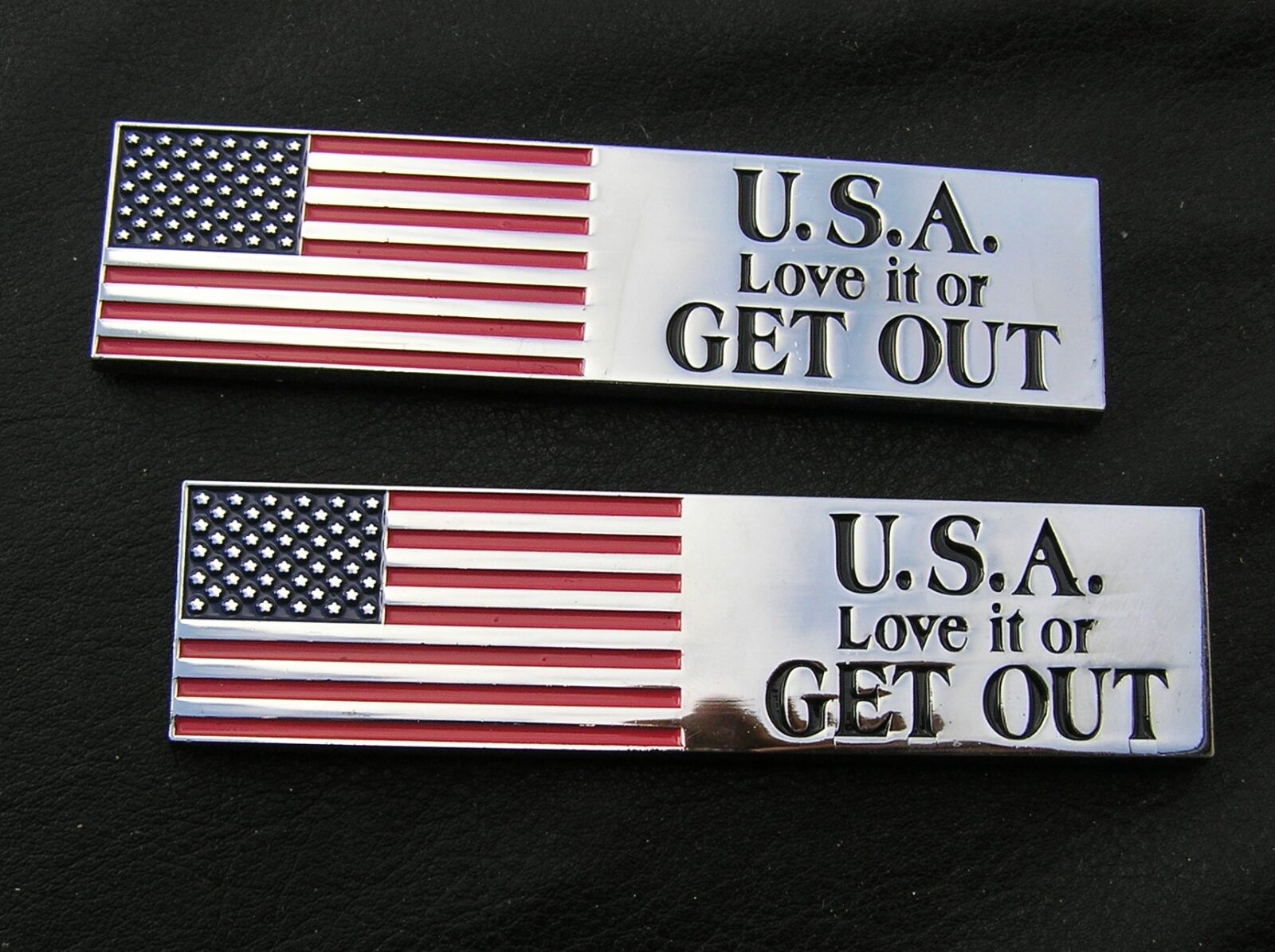 USA , LOVE IT OR GET OUT - PAIR CAR EMBLEMS Chrome Metal Fender Badges fits FORD