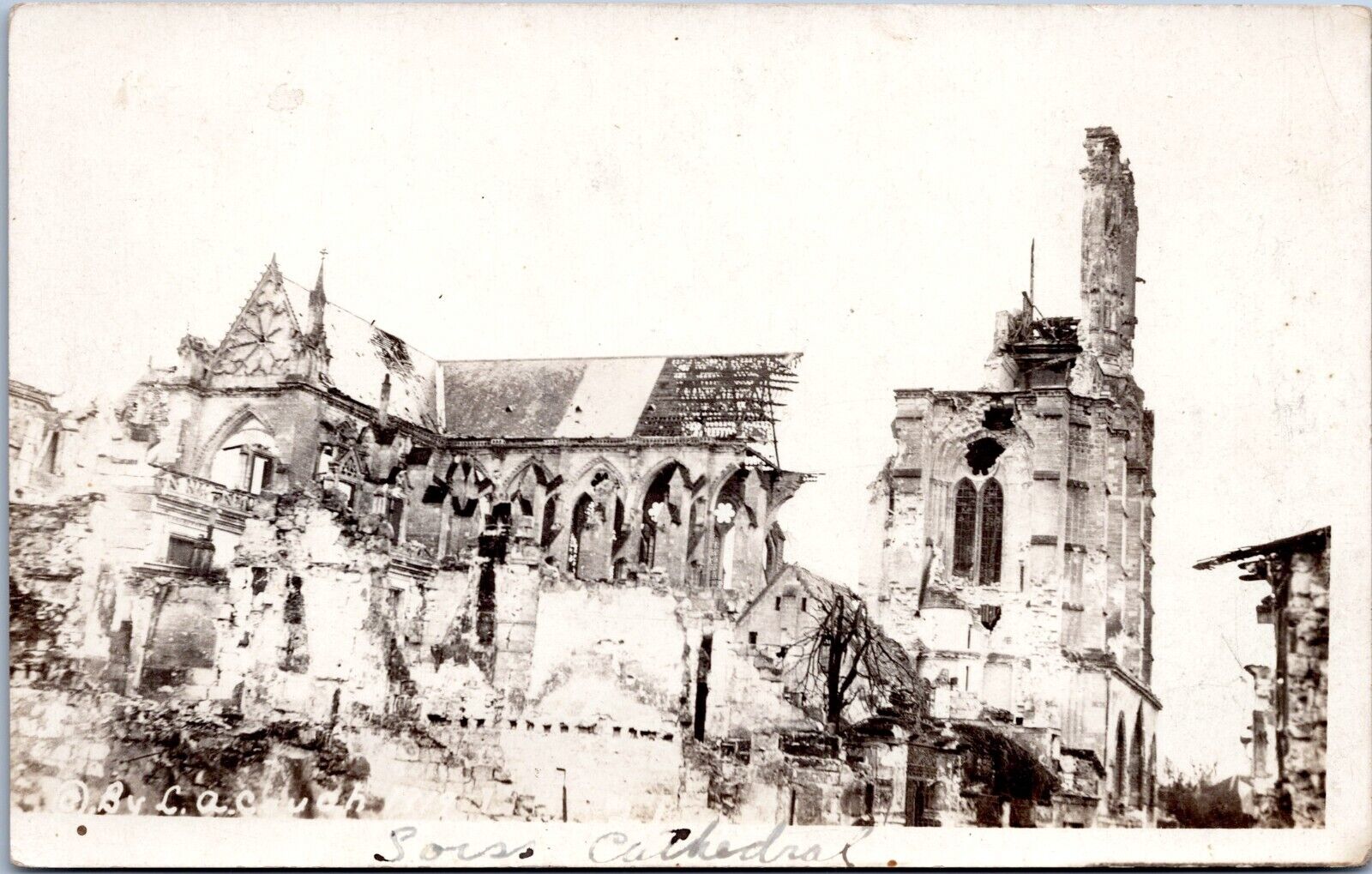 RPPC - Ruins of Soissons Cathedral, France - World War I - c1918 Photo Postcard