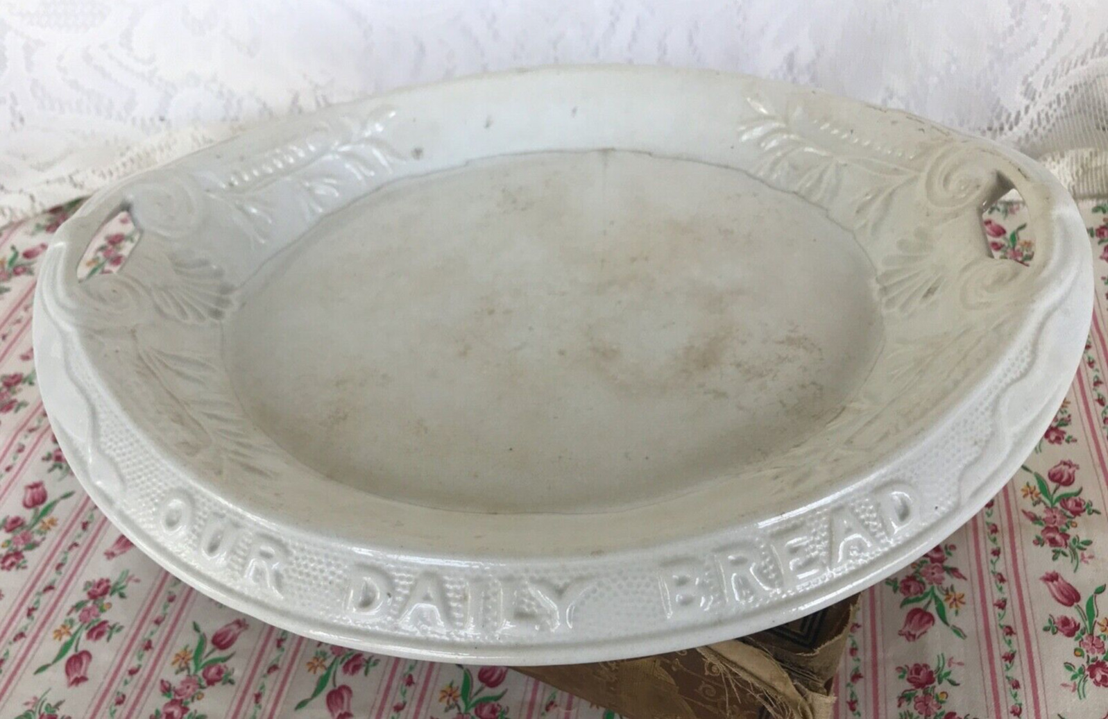 Antique White Ironstone Bread Platter Give Us This Day SR Co Crazing Cracking
