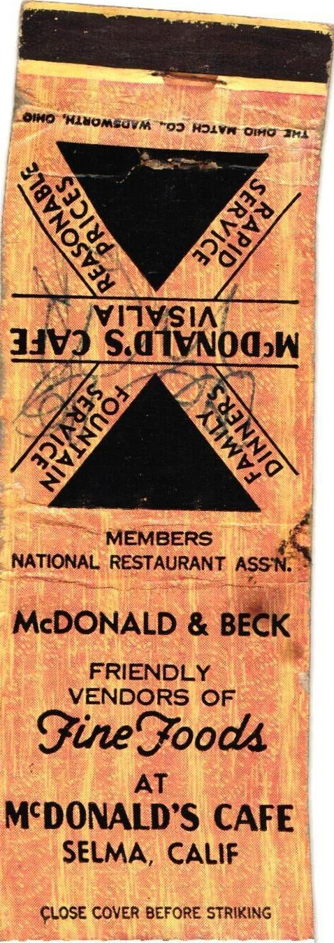 Selma, California McDonald\'s Cafe Fine Foods Vintage Matchbook Cover