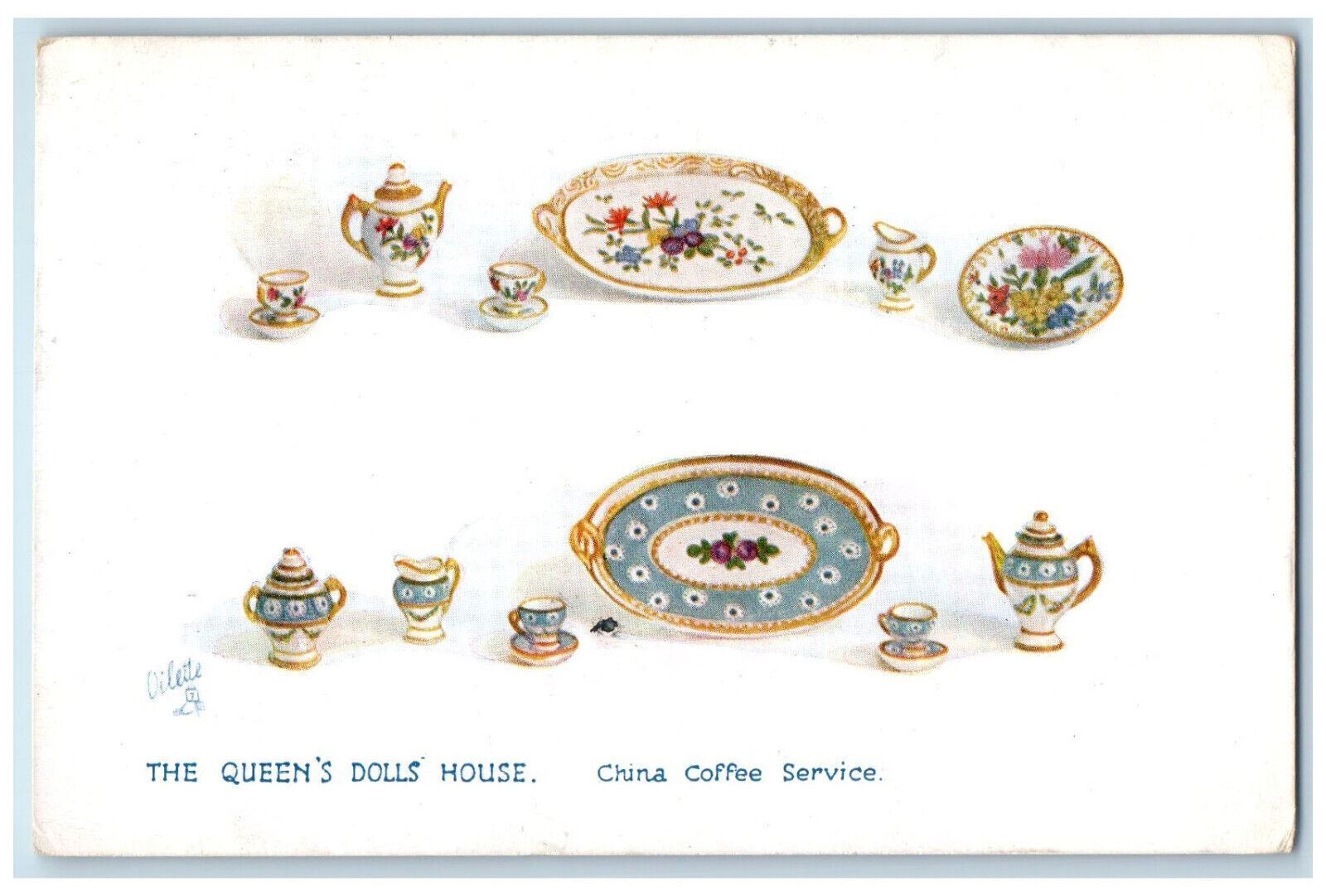 1924 The Queen's Dolls House China Coffee Service Oilette Tuck Art Postcard