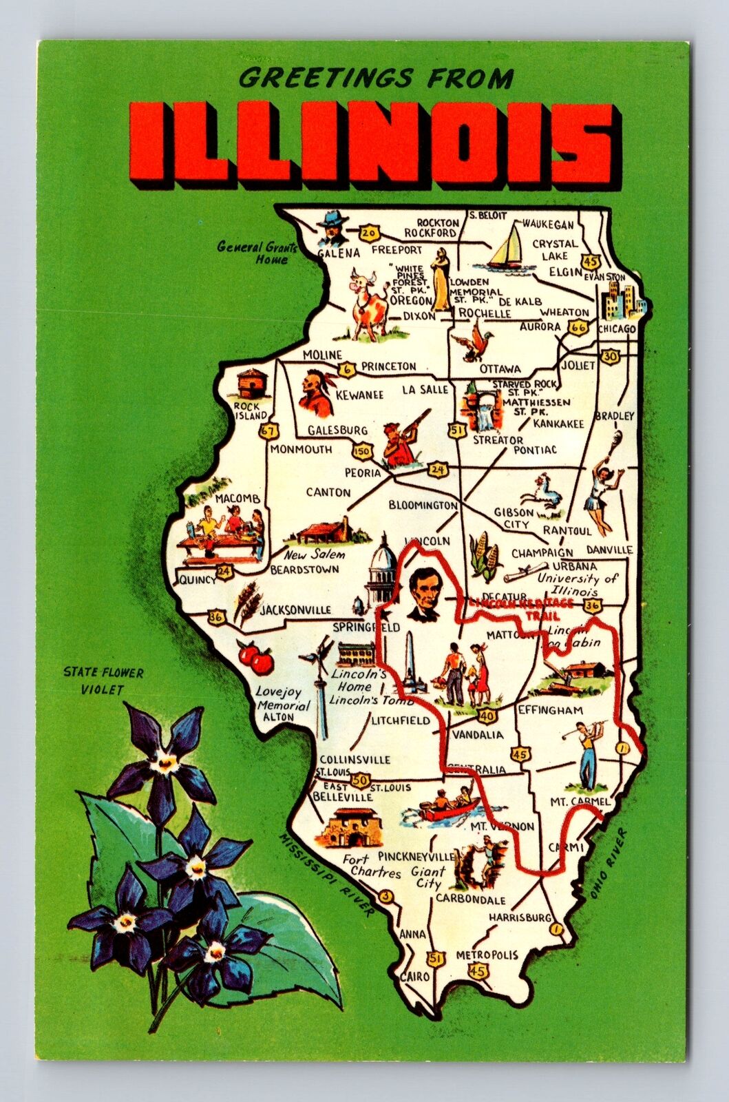 IL-Illinois, Land Marks Map And State Flower General Greetings Vintage Postcard