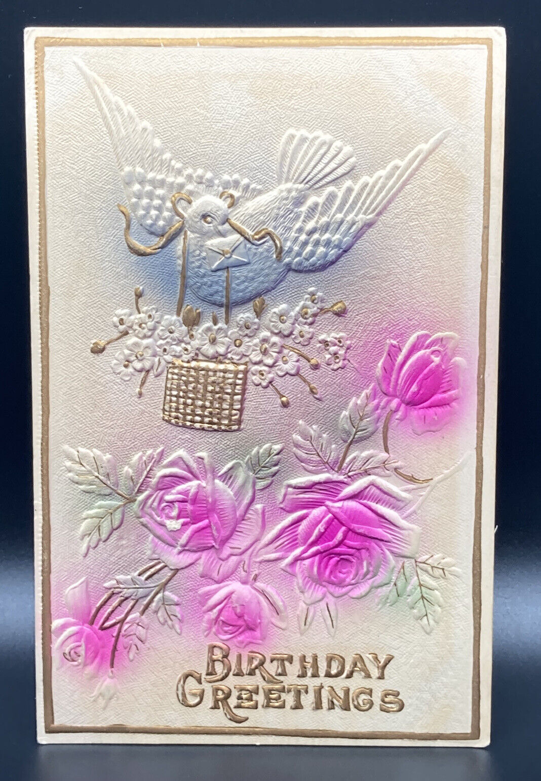 c1912 Birthday Greetings Bird & Floral Embossed Design ANTIQUE Postcard