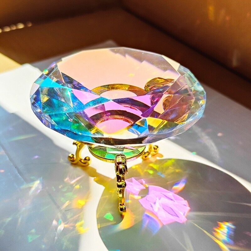 1X Large Colorful Crystal Glass Diamond Rainbow Gem Refraction Ornament 8CM Wide